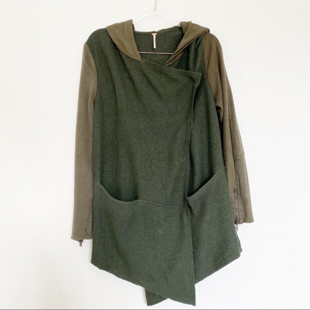 Free People Wool Hoodie Button Wrap Olive Cardigan